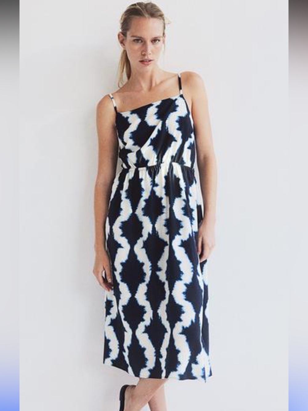 H&M Navy & White Midi Spaghetti Strap Viscose Airy Dress Size Large
